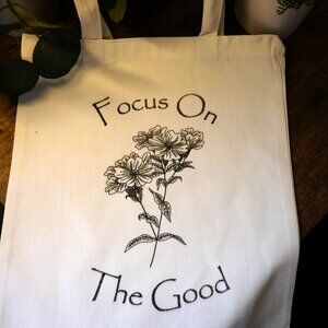 Canvas Tote Bag with Focus on the Good and a flower, Handmade, books, grocery